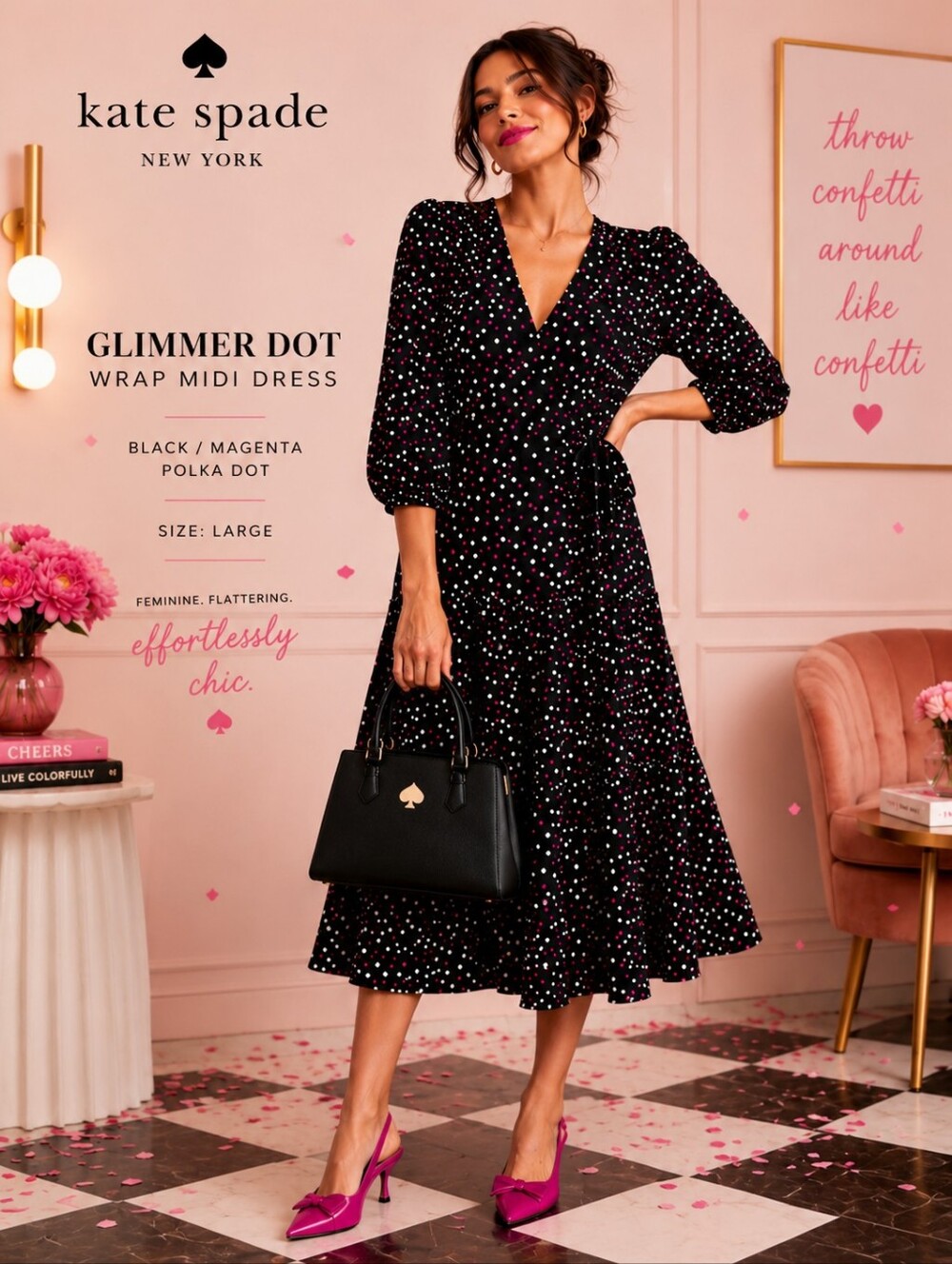 Kate Spade Glimmer Dot Wrap Midi Dress Black Magenta Polka Dot | Size Large |